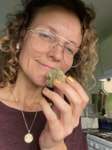 Marge smelling a cannabis bud for Bite Me Cannabis Consultation