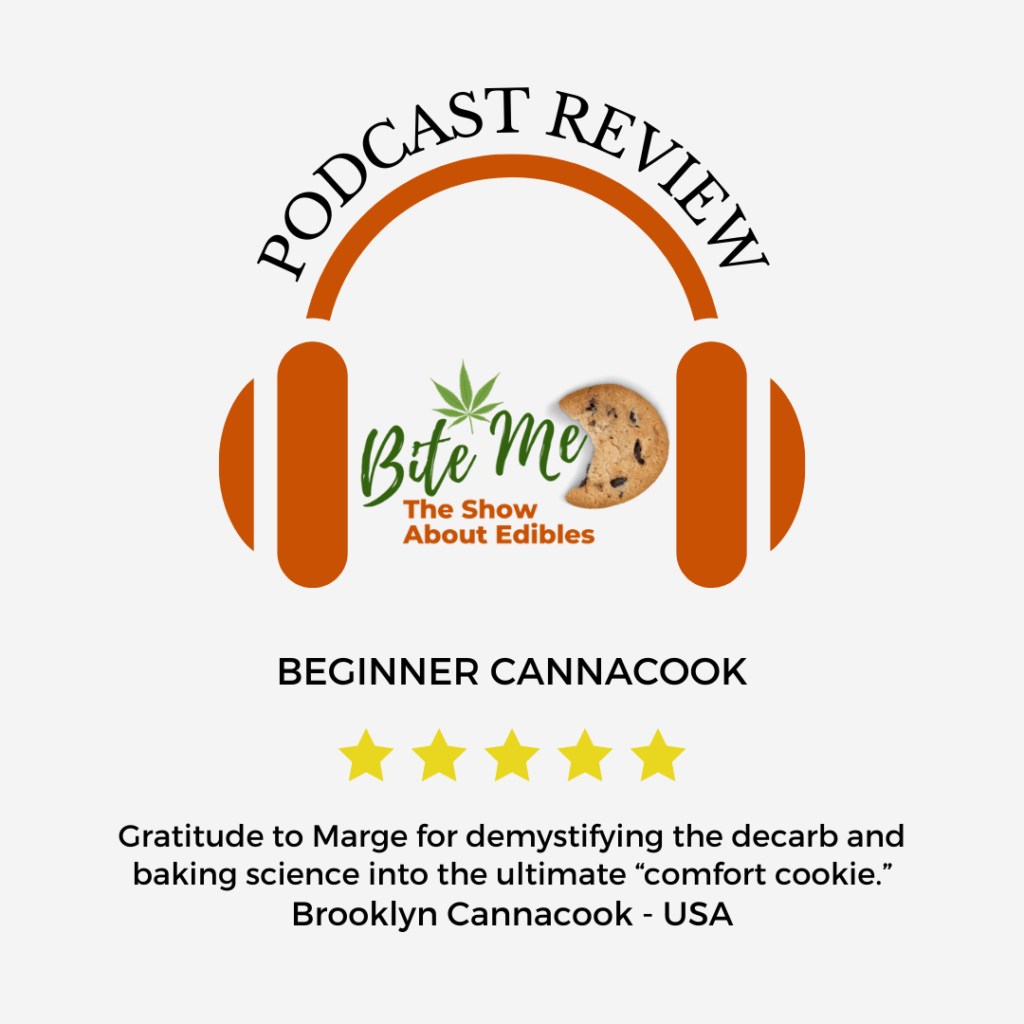 graphic of a podcast review for Bite Me The Show About Edibles
