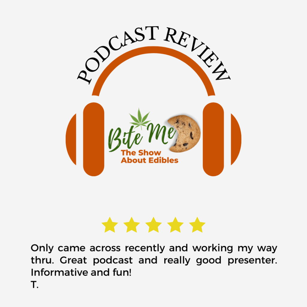 graphic of a podcast review for Bite Me The Show About Edibles