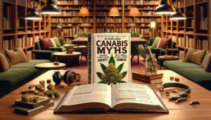 an upright book labelled cannabis myths on a library table surrounded by book shelves