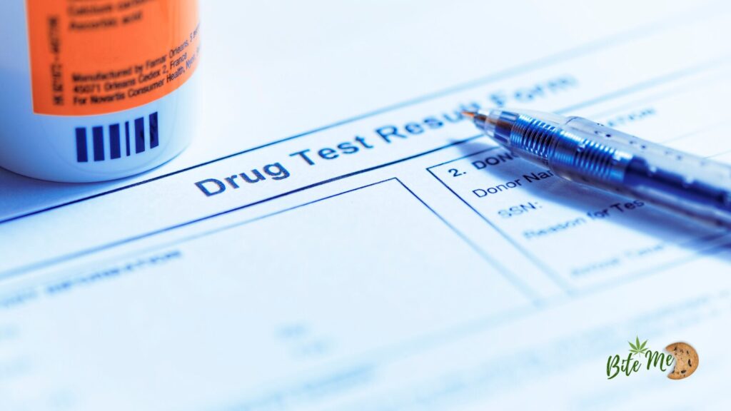 An image of the drug test paper, with a pen and a testing bottle partially in frame for the article on how long thc from edibles stays in your system