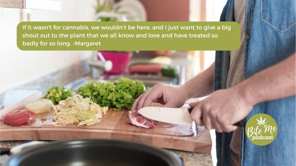 image of a person cutting some meat on a cutting board with other chopped veggies on the board for the cooking with cannabis episode