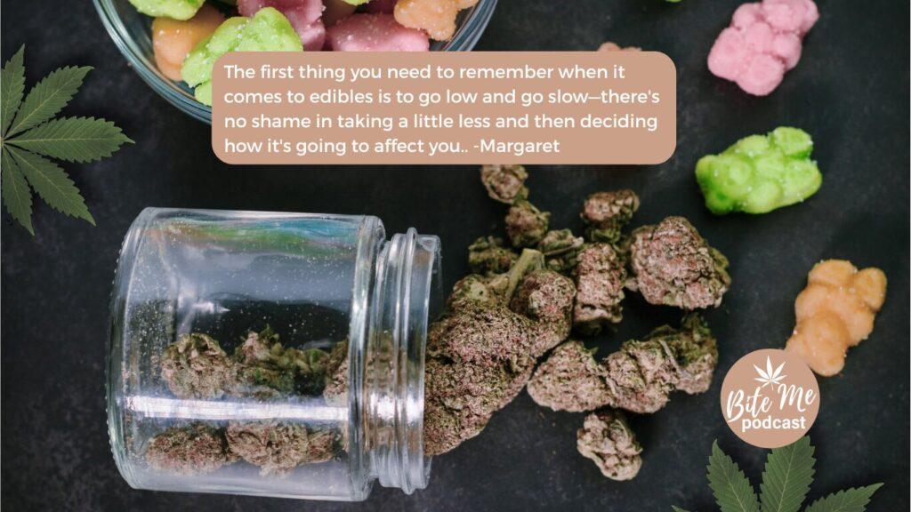 image of a tipped over jar of cannabis buds next to multicolored gummy bears for the episode on dosing cannabis edibles