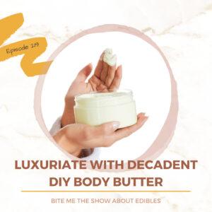 image of hand holding a jar of diy body butter and product on two fingers of the other hand.