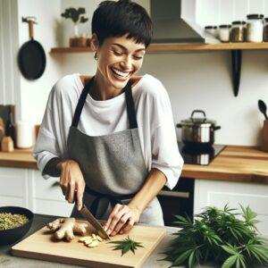 woman smiling and chopping with lemon ginger along with fresh and dried cannabis on the counter. 
