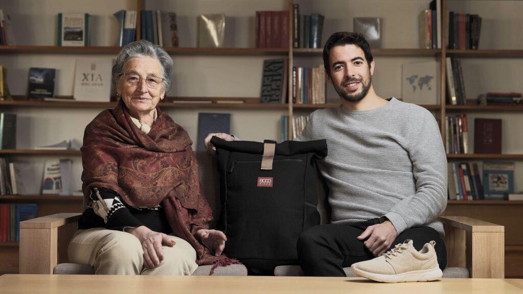 photo of grandmother Maria, Bernardo, CEO of 8000Kicks and a backpack and hemp shoe displayed. 