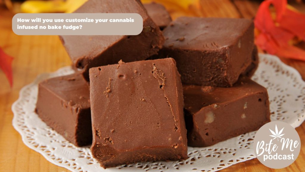 cannabis infused no bake fudge cut up into square with several pieces places on a paper doily.
