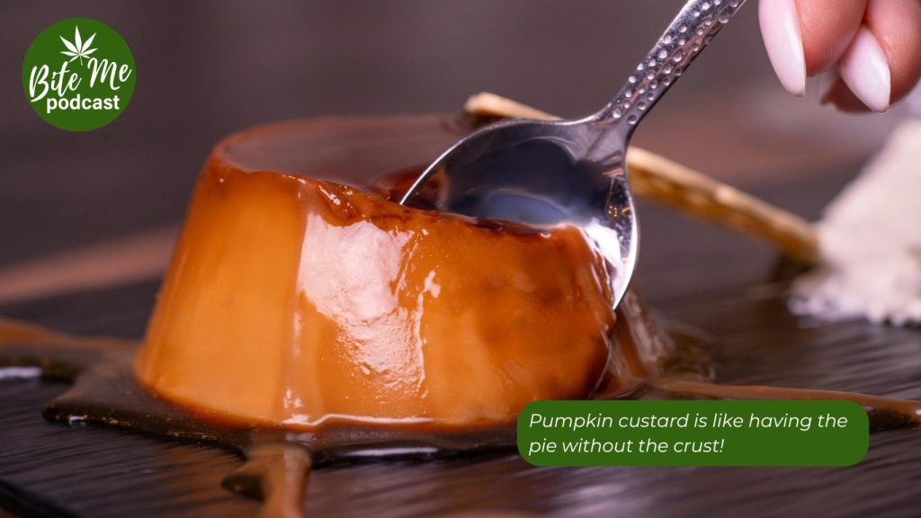 image seasonal cannabis pumpkin custard with a spoon cutting into it. 