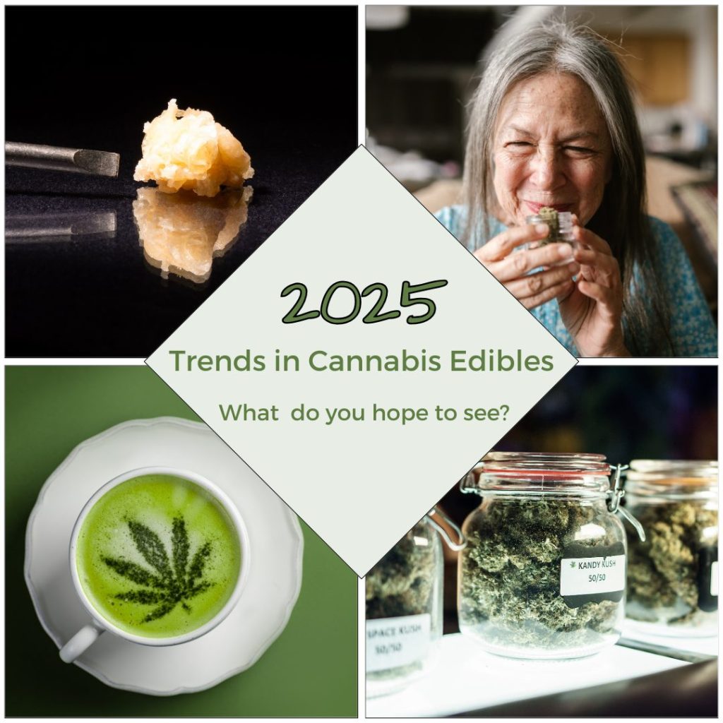 a photo collage highligting trends in cannabis edibles. shows a concentrate dab, an older woman smelling cannabis, a cannabis latte, jars of cannabis