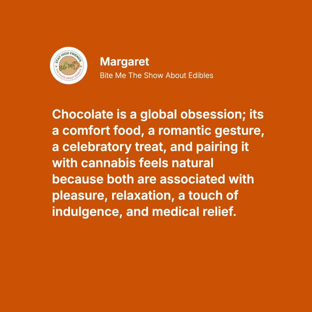 An image displaying a quote from the episode on cannabis infused chocolate: Chocolate is a global obsession; its a comfort food, a romantic gesture, a celebratory treat, and pairing it with cannabis feels natural because both are associated with pleasure, relaxation, a touch of indulgence, and medical relief.