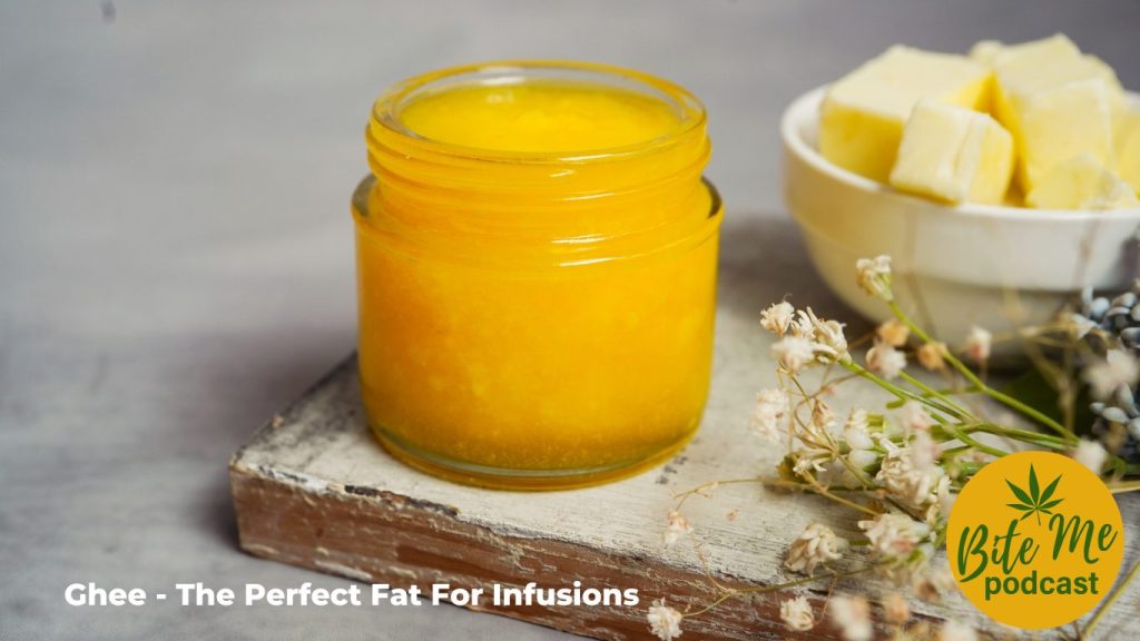 image of ghee in a glass jar with a bowl of cubed butter in the background for the cannabis infused ghee episode