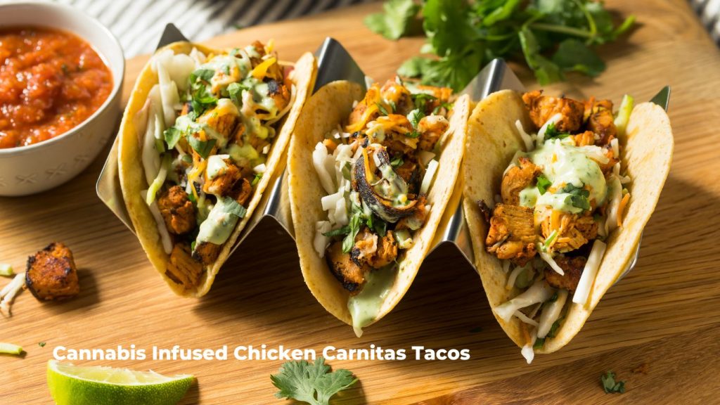 image of 3 tacos lined up together for the episode on cannabis infused chicken carnitas tacos