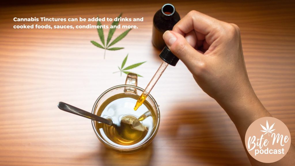 image af a hand dropping cannabis tinctures into a mug of liquid. View from overhead. 