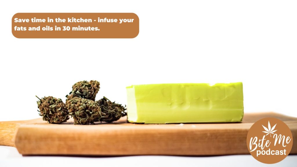image of a side view of a cutting board with a stick of butter with 3 cannabis buds next to it for the cannabis infusion times episode