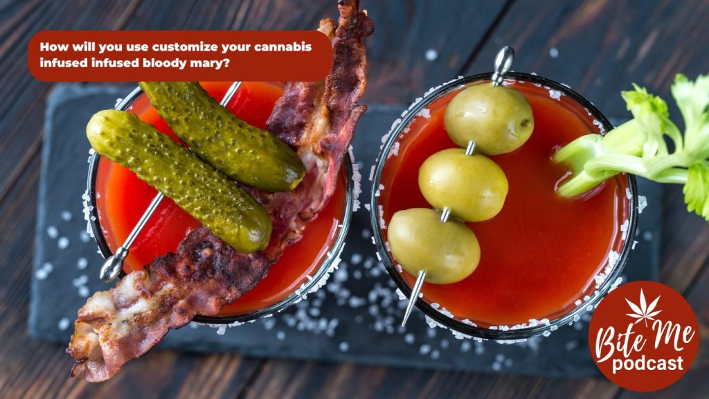 image of 2 infused bloody mary drinks from a top view with pickles, bacon, olives and celery for garnish.