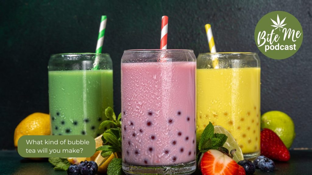 a photo of 3 glasses of bubble tea, green, milk and yellow for the infused bubble tea episode