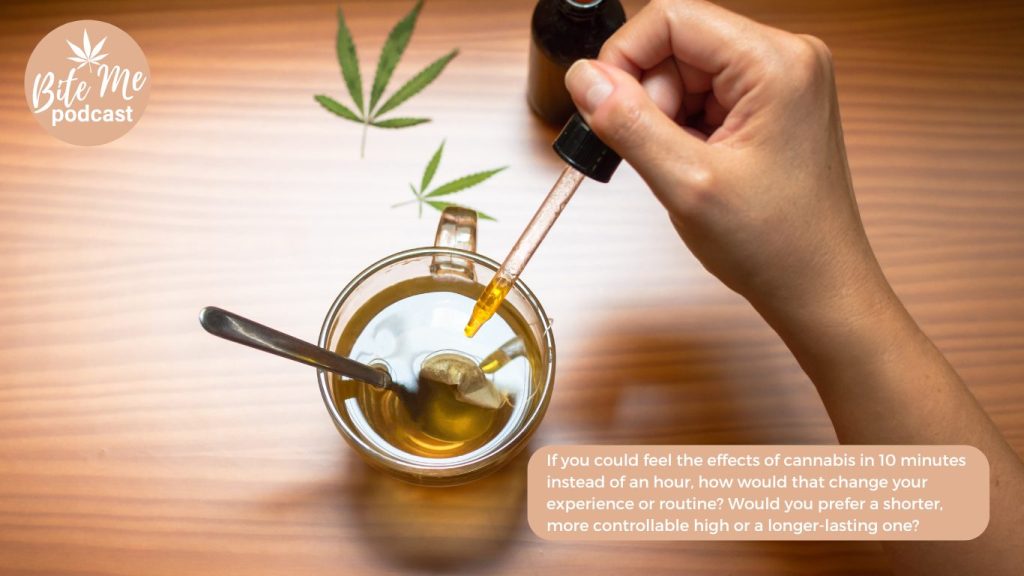 image of a hand dropping cannabis sublinguals via dropper into a cup of tea