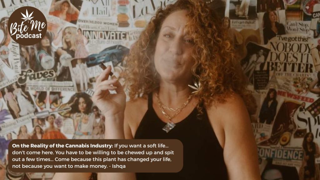 image of Canna Boss Babes founder Ishqa Hillman smoking a joint in front of a collage wall