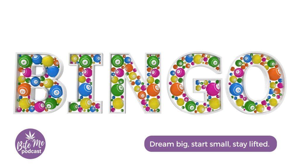 the word bingo across a white page with each letter filled with bingo balls for the new year, bingo card episode.