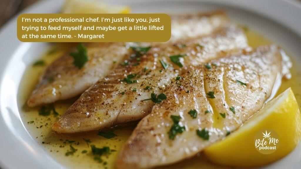 image of 3 fillets of white fish on a plate flanked by lemon wedges for the lemon butter cod recipe episode.