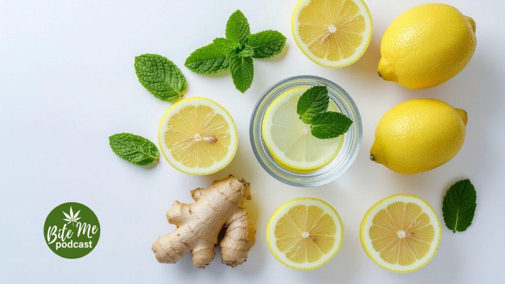 image of full and cut lemons, a chunk of ginger and a glass filled with lemon ginger soda