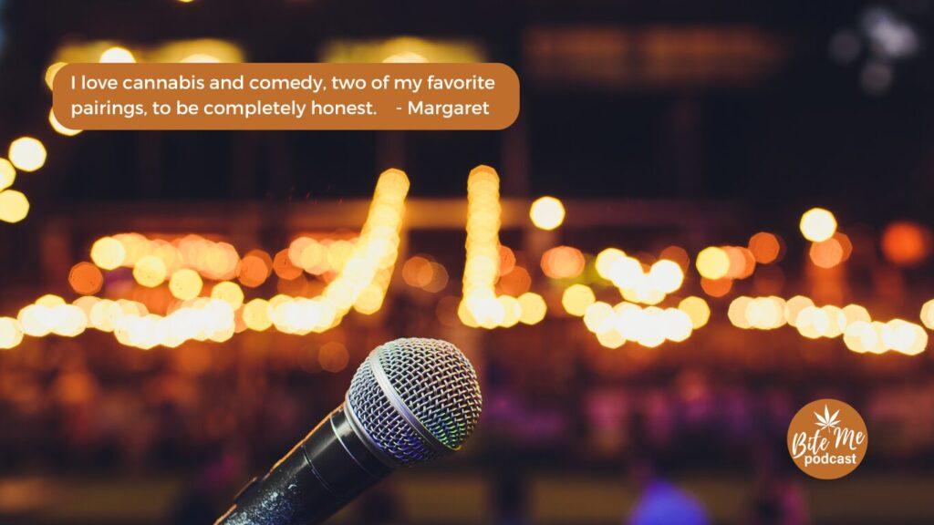 image of a mic in the foreground with lights in the background indicating a crowd for this post on cannabis and comedy