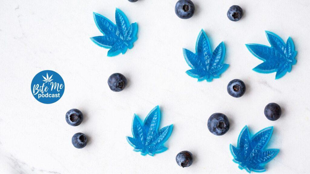 an image of blue cannabis leaf gummies and blueberries scattered over the page and the bite me podcast logo for the cannabis resources page
