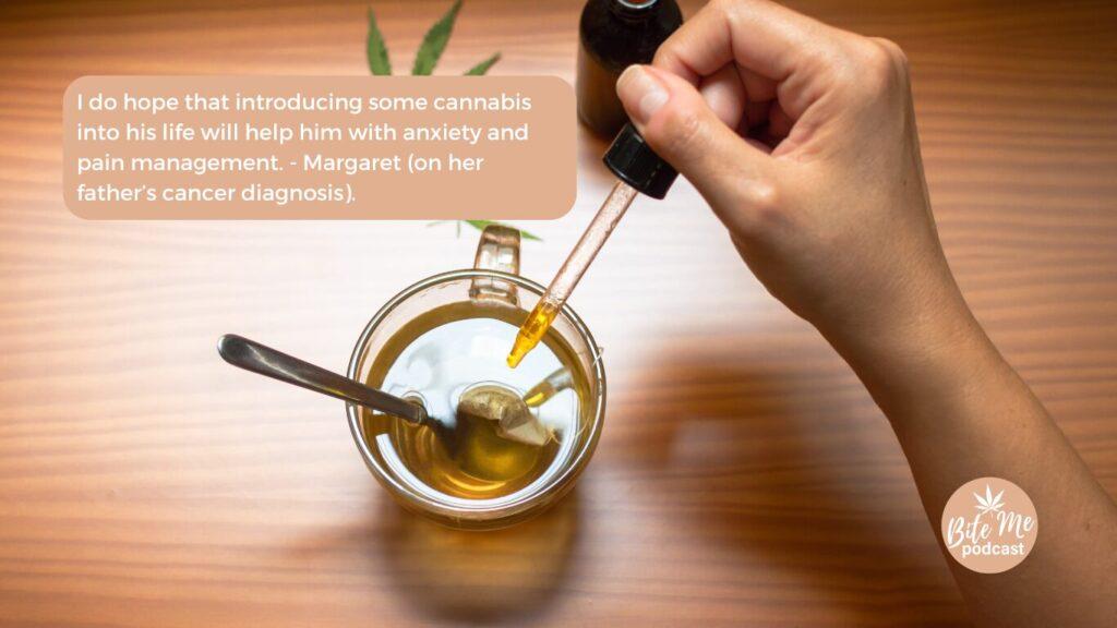 image of a hand dropping oil into a cup of tea for the episode on infused pork tenderloin and cannabis for seniors.