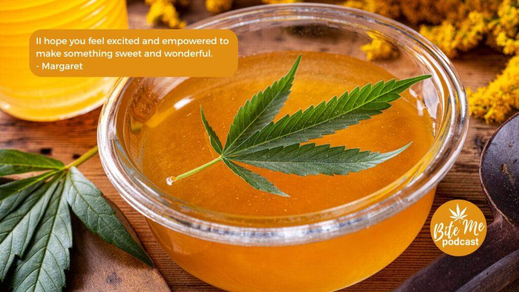 Image of a dish of honey with a single cannabis leave on the top for the cannabis infused sweetener post