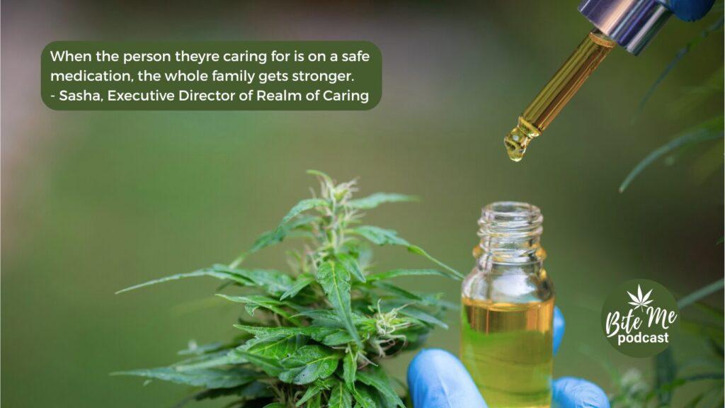 image of a newly budding cannabis plant next to a bottle of oil with a dropper top for the Podcasthon Realm of Caring episode.